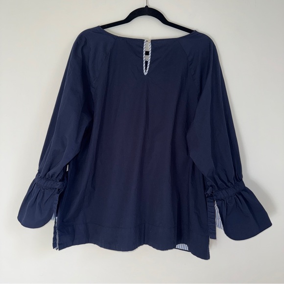 Jane and Delancey Navy Blue Bell Sleeve Blouse Striped Cuffs Tie Detail Size XL - Picture 2 of 7
